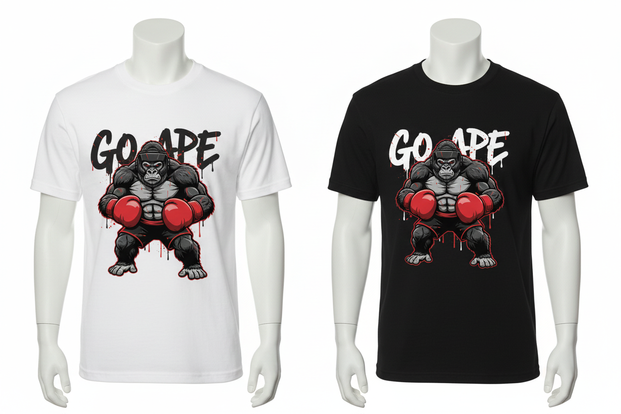 Go Ape boxing t-shirt shown in both black and white colourways