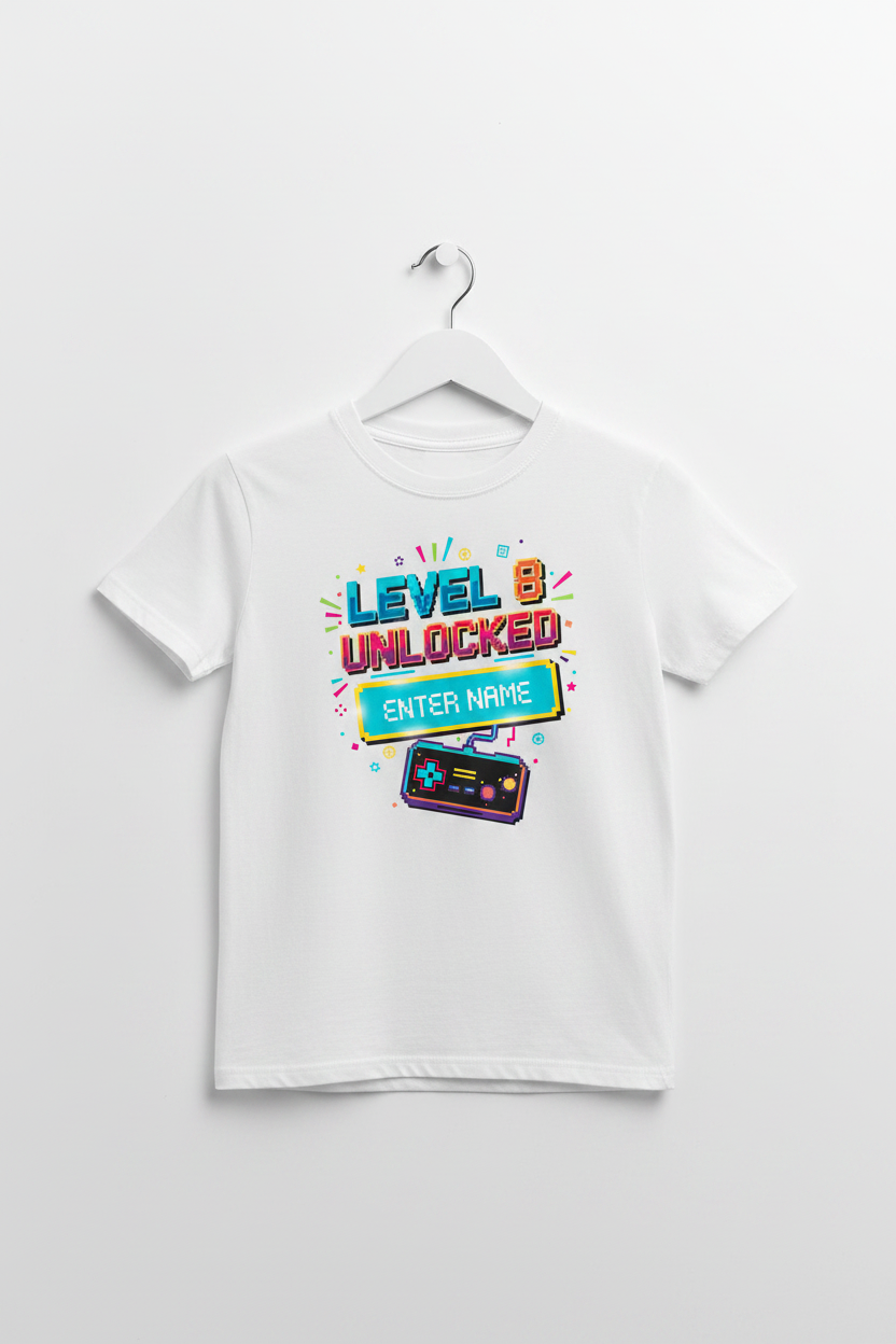 Level 8 Unlocked personalised birthday t-shirt - white hanger