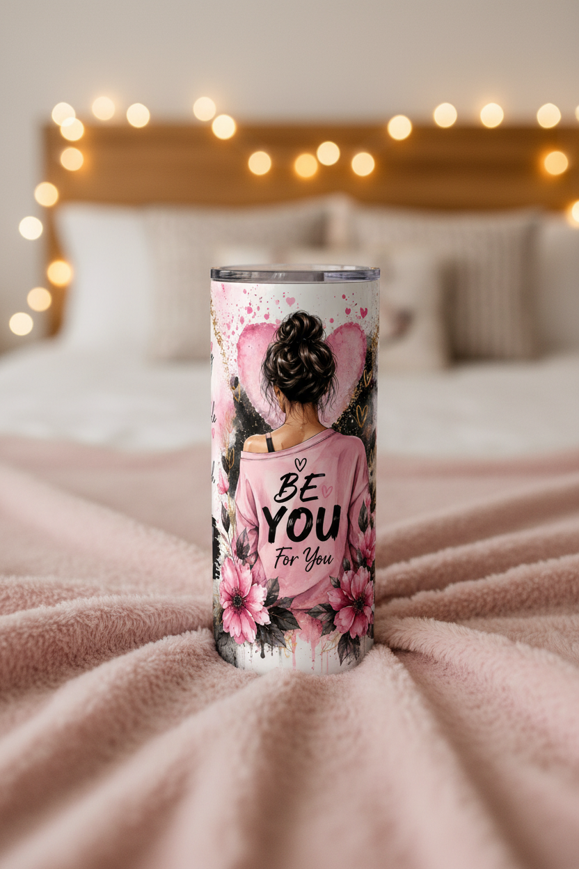 Be You For You motivational tumbler on pink fluffy blanket with fairy lights