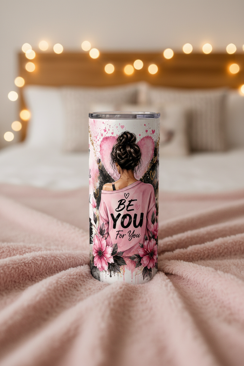 Be You For You motivational tumbler on pink fluffy blanket with fairy lights