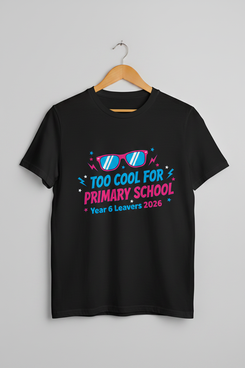 Too Cool for Primary School Year 6 Leavers 2026 – Black T-Shirt Hanger