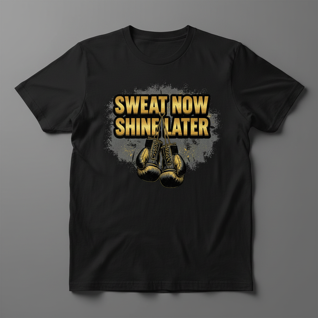 Sweat Now Shine Later boxing t-shirt in black, flat lay product photo