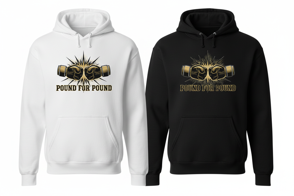 Pound for Pound boxing hoodie shown in both black and white colourways