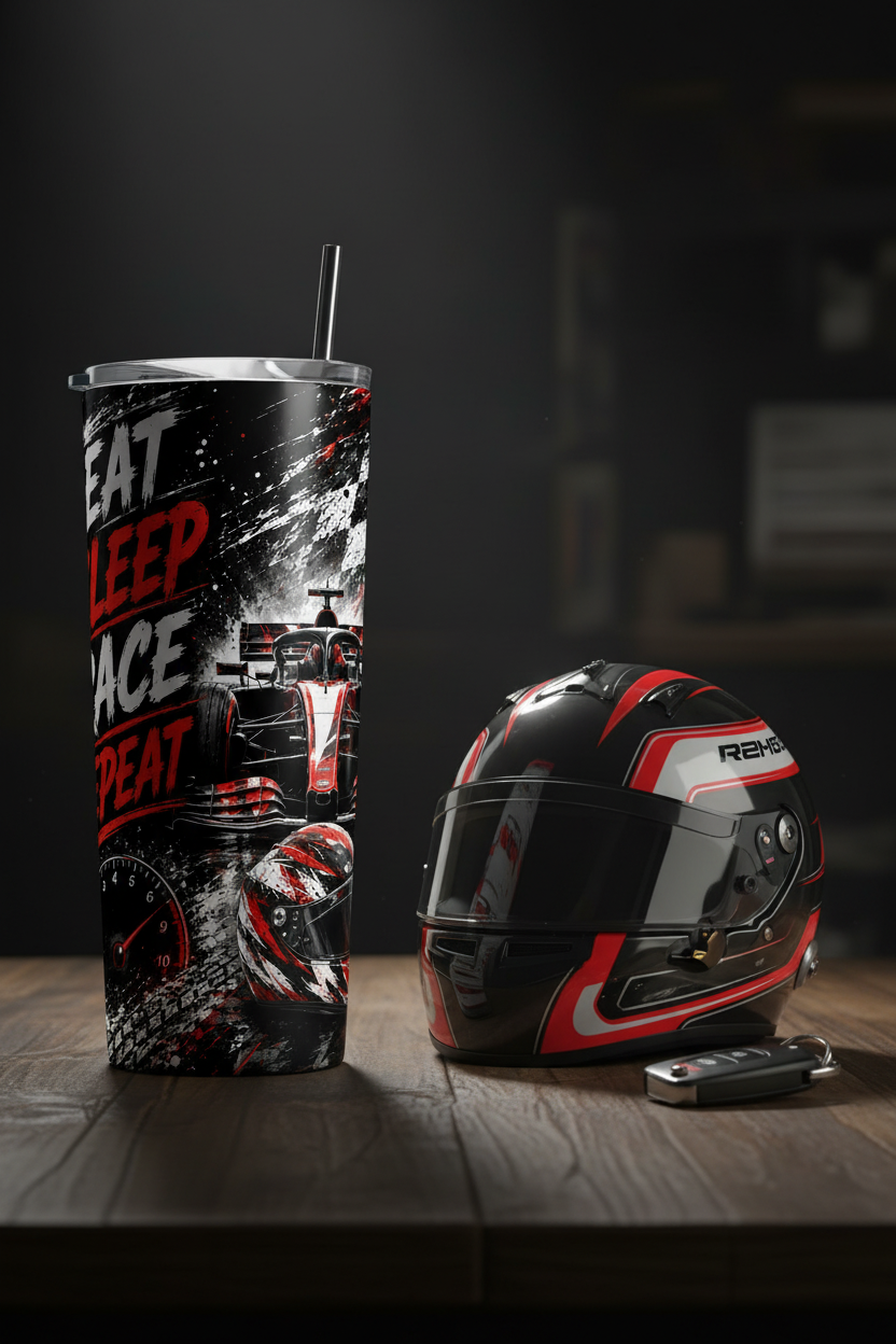 F1 racing white sublimation tumbler on desk with racing helmet and car keys