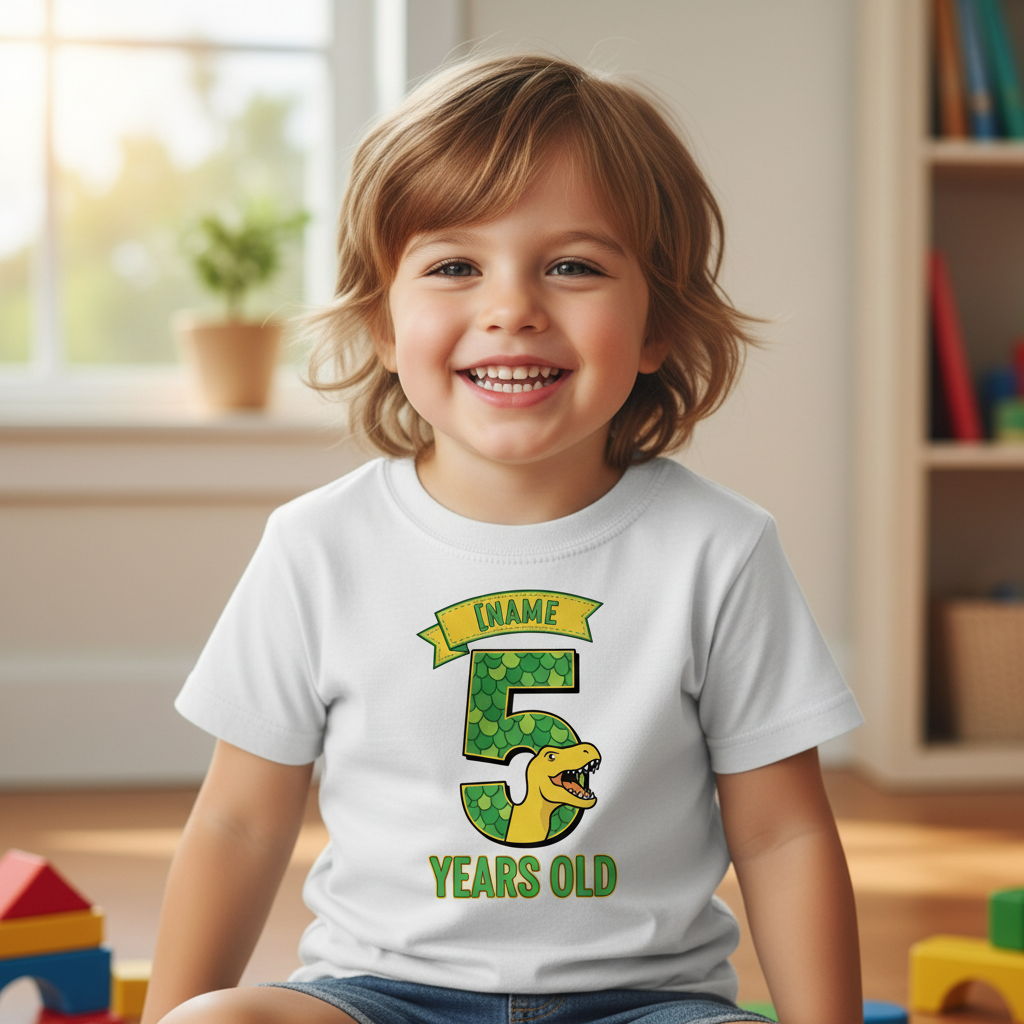 Personalised Dinosaur Birthday Age Number T-Shirt - White Kids Model