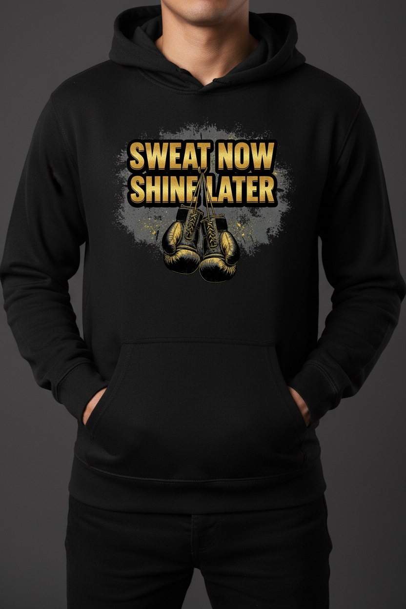 Sweat Now Shine Later boxing hoodie in black worn by model
