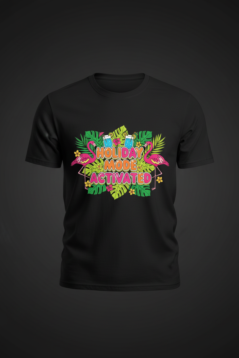 Holiday Mode Activated tropical flamingo black t-shirt ghost mannequin