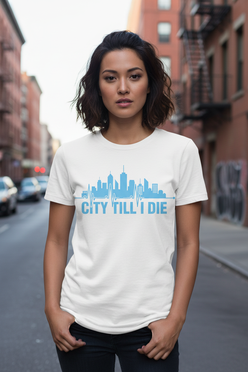 City Till I Die skyline design – white t-shirt female model sky blue print