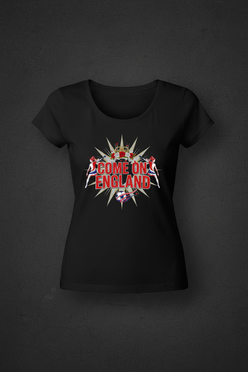Women's Come On England glam sparkle black t-shirt flat lay