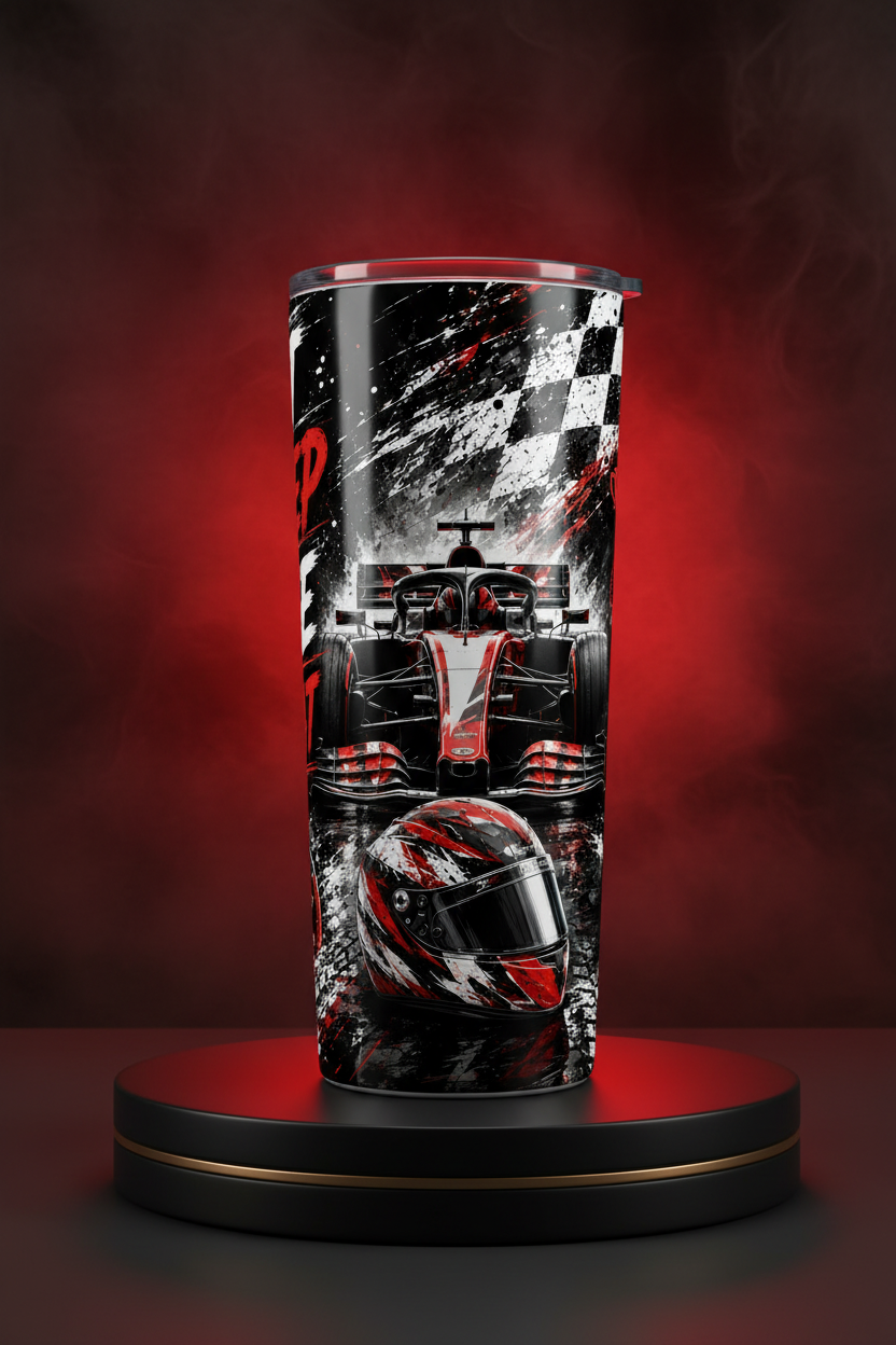 F1 racing white sublimation tumbler on black podium with red neon glow