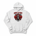 Born to Fight boxing hoodie in white, flat lay product photo