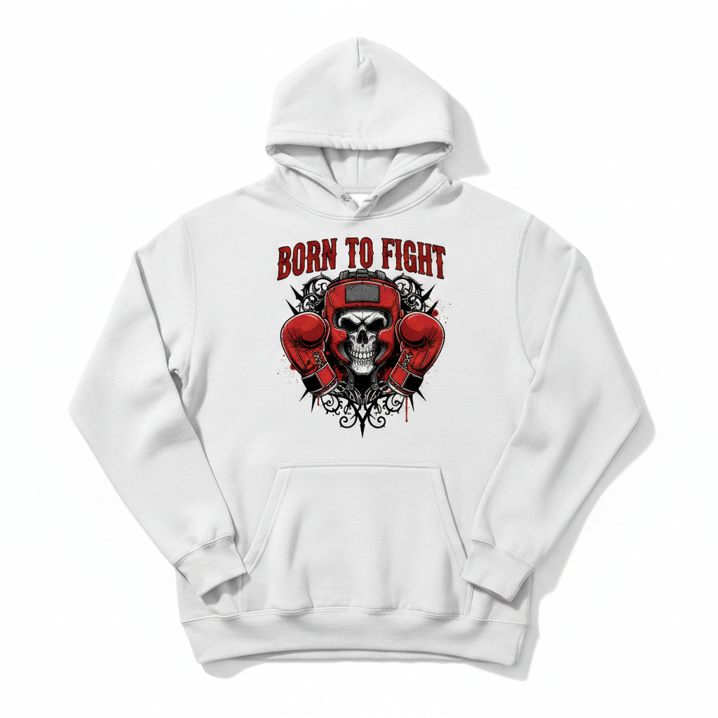 Born to Fight boxing hoodie in white, flat lay product photo