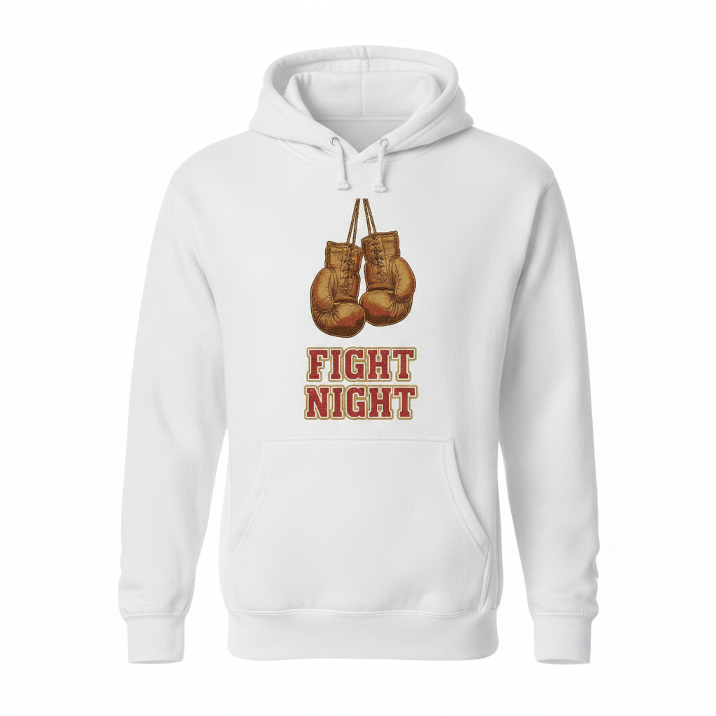 Fight Night boxing hoodie in white, flat lay product photo