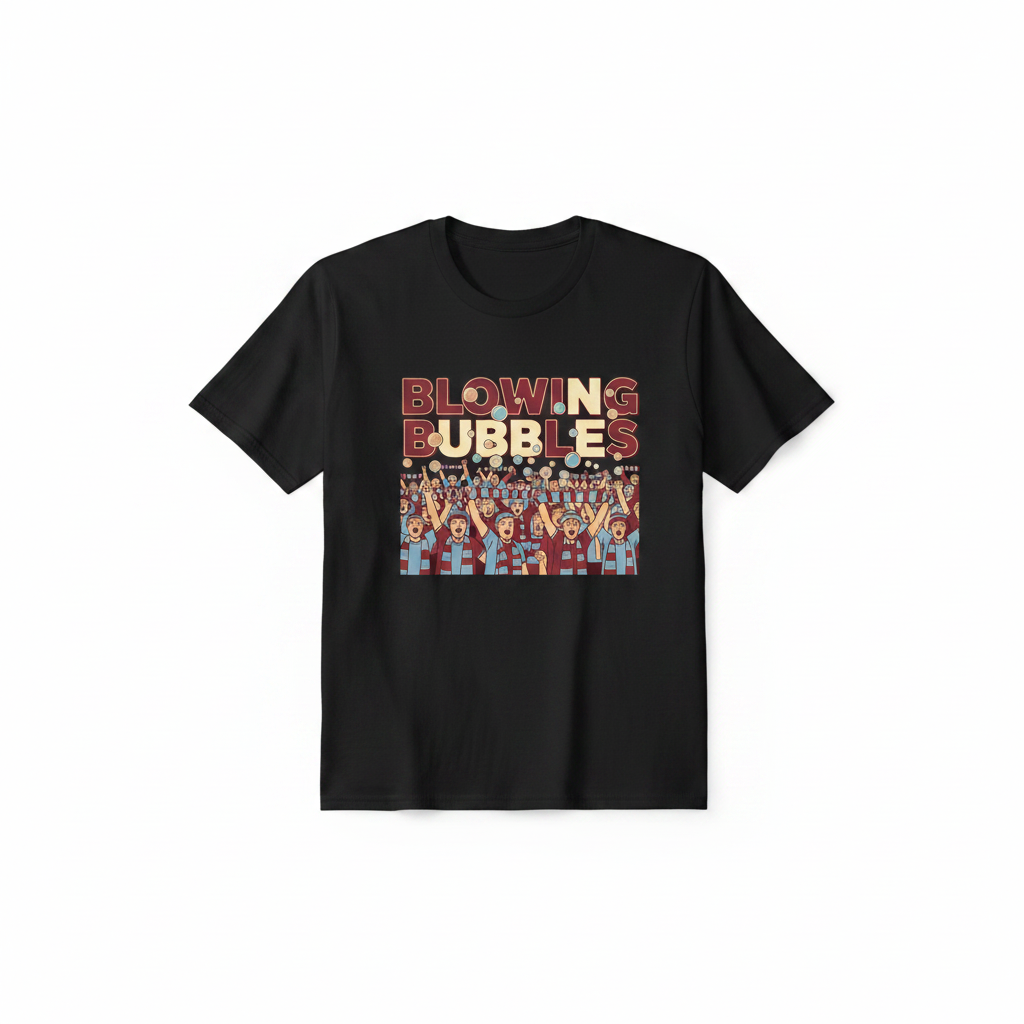Blowing Bubbles terrace fans black t-shirt flat lay