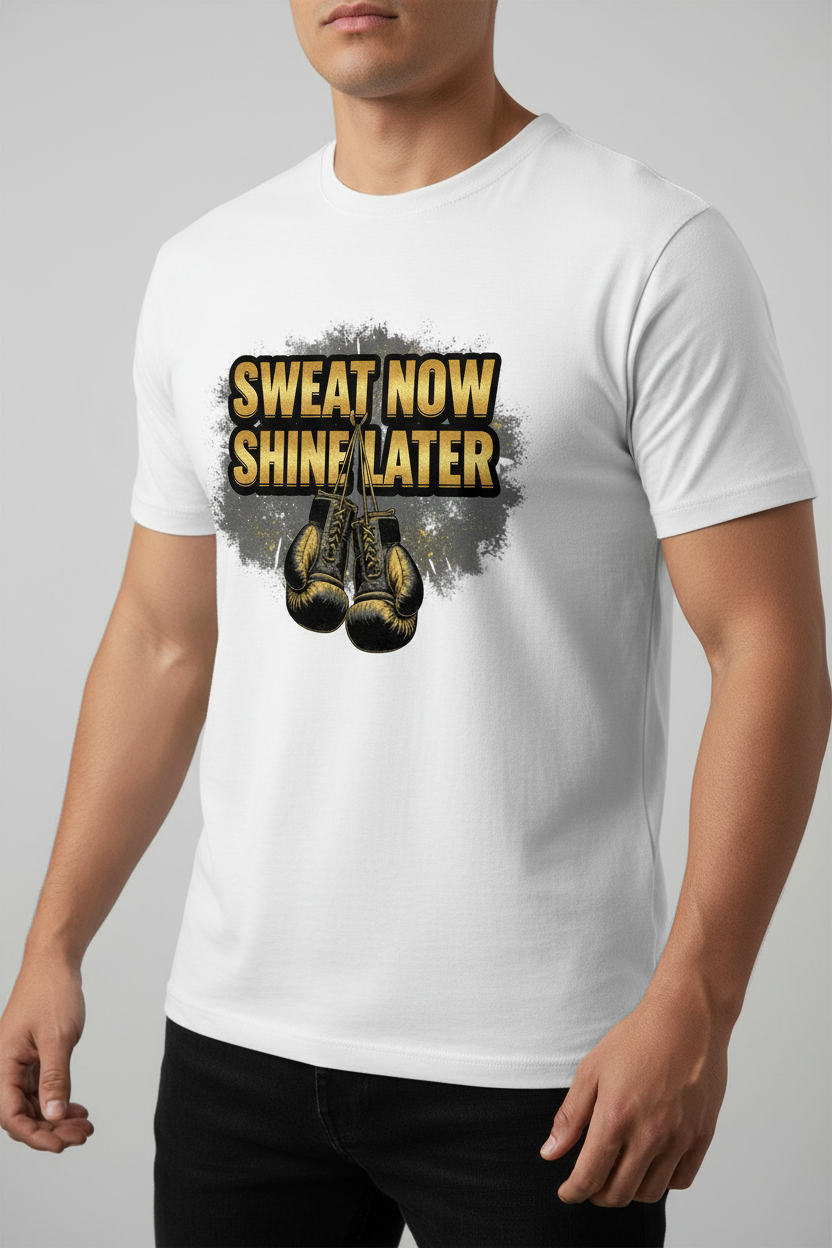 Sweat Now Shine Later boxing t-shirt in white worn by model