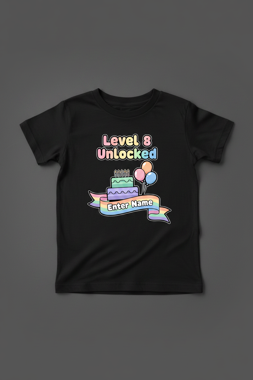 Level 8 Unlocked pastel cartoon birthday t-shirt - black flat lay