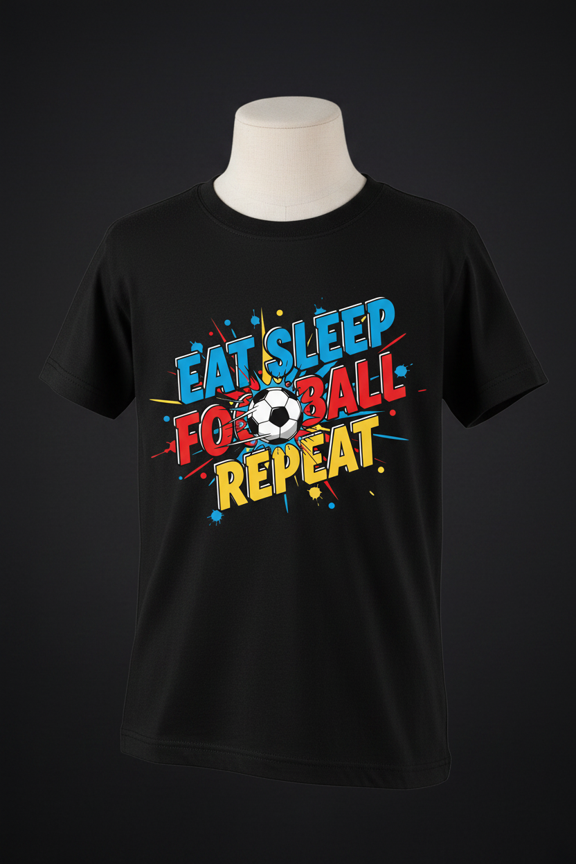 Eat Sleep Football Repeat kids black t-shirt ghost mannequin