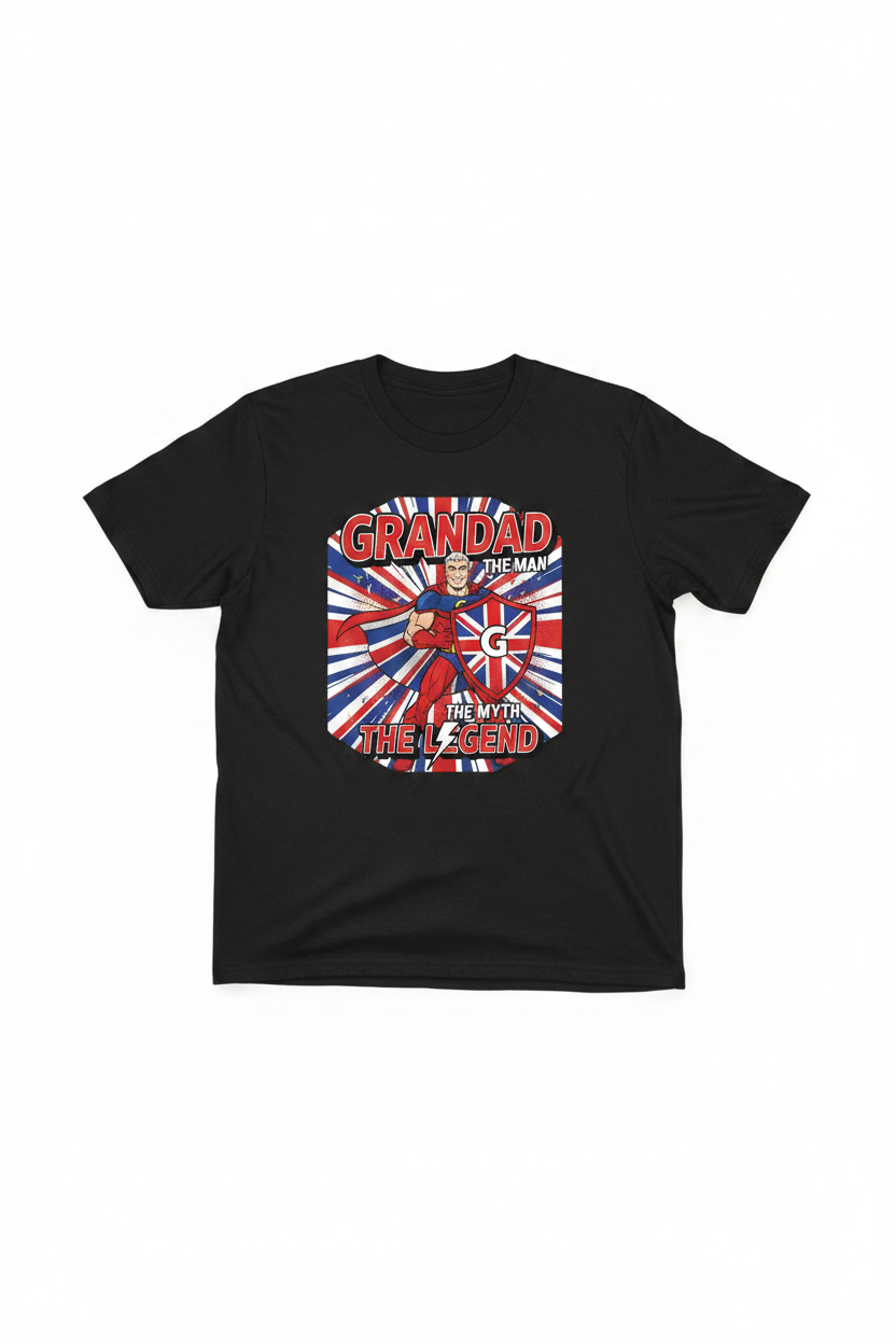 Grandad The Man The Myth The Legend black t-shirt flat lay mockup