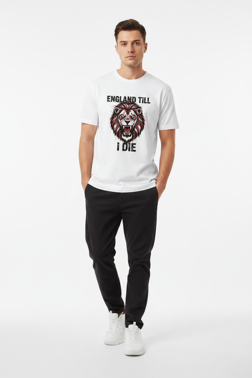 England Till I Die Grunge Lion T-Shirt - Male Model White