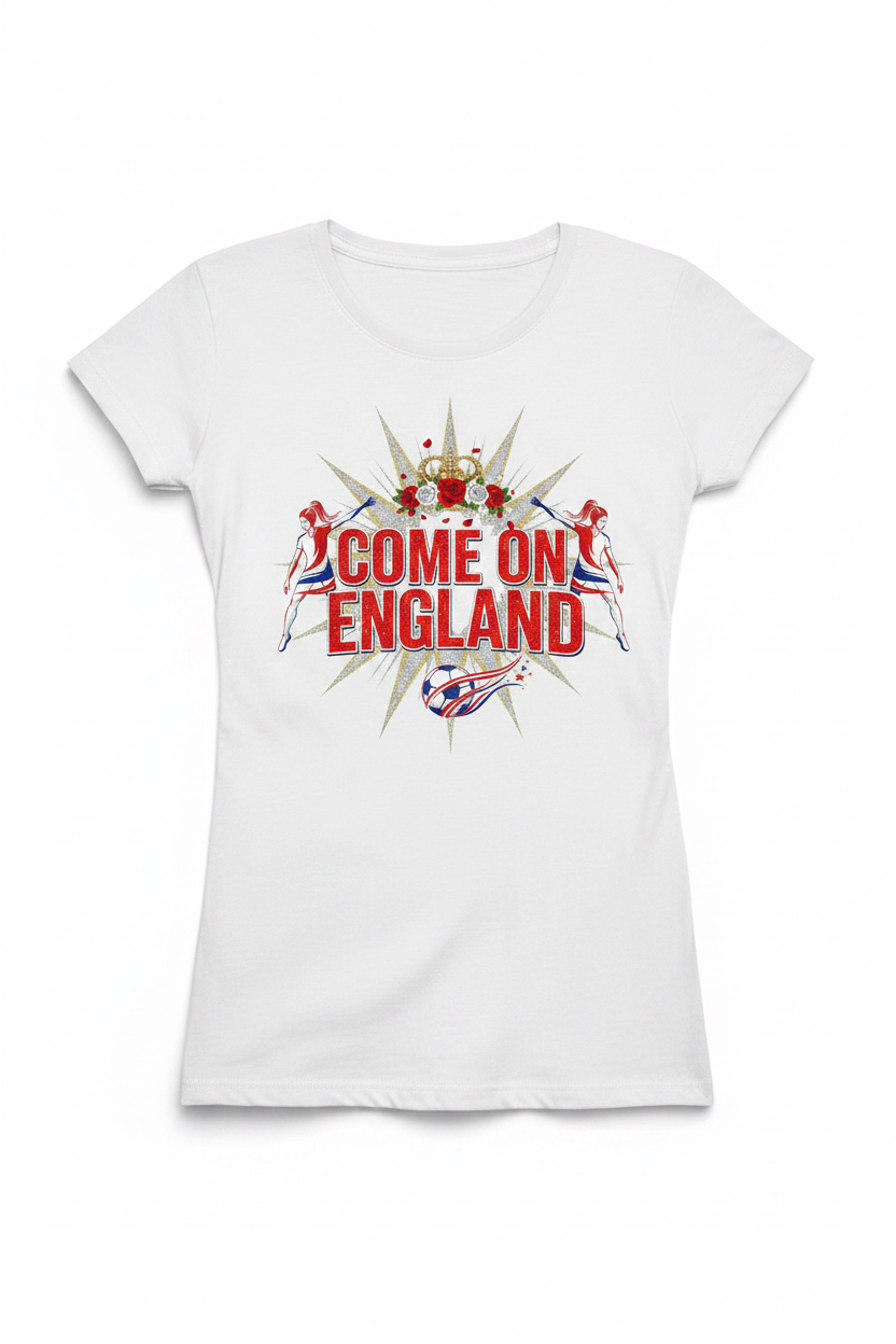 Women's Come On England glam sparkle white t-shirt flat lay