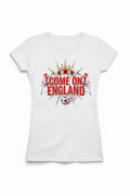 Women's Come On England glam sparkle white t-shirt flat lay