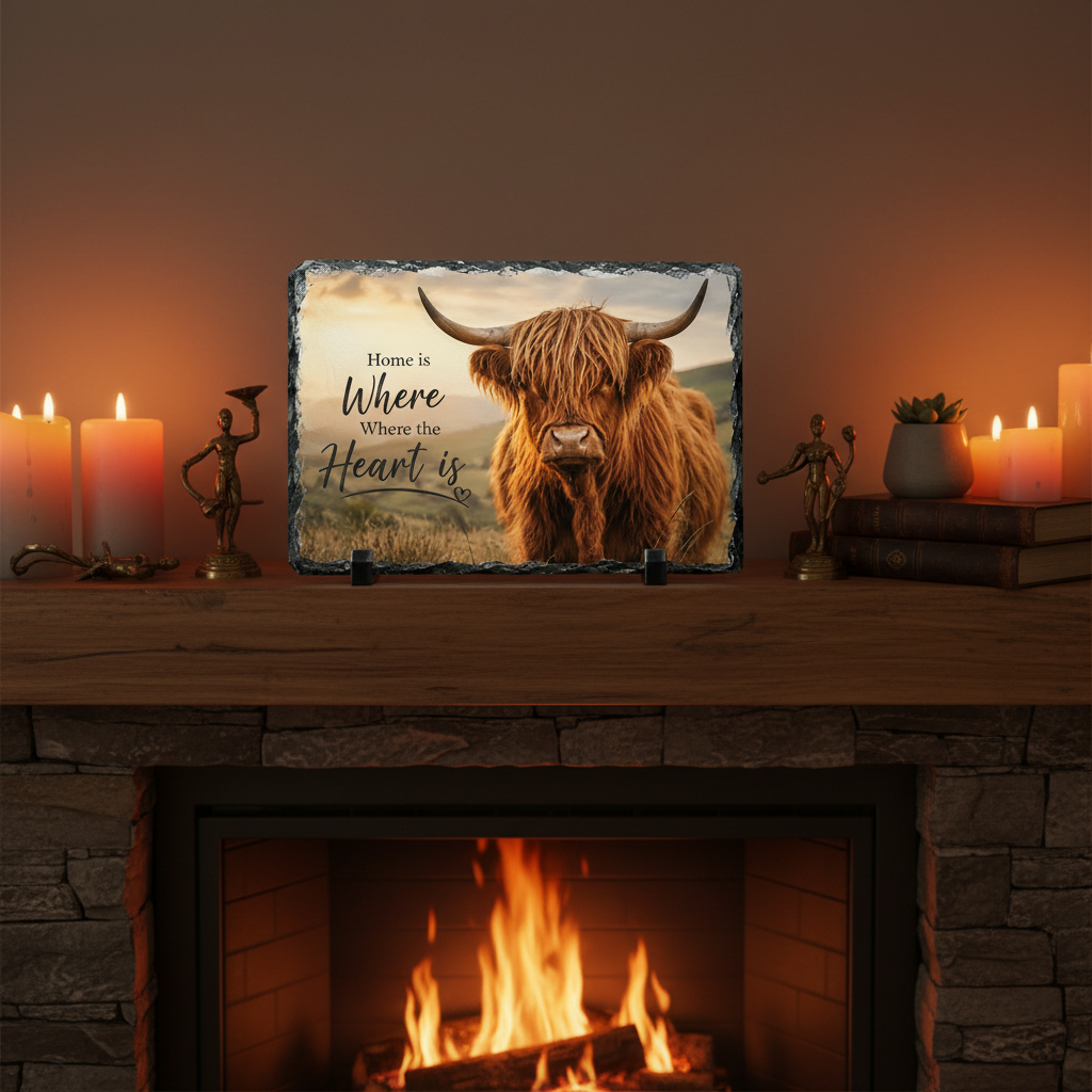 Highland Cow Slate on fireplace mantelpiece