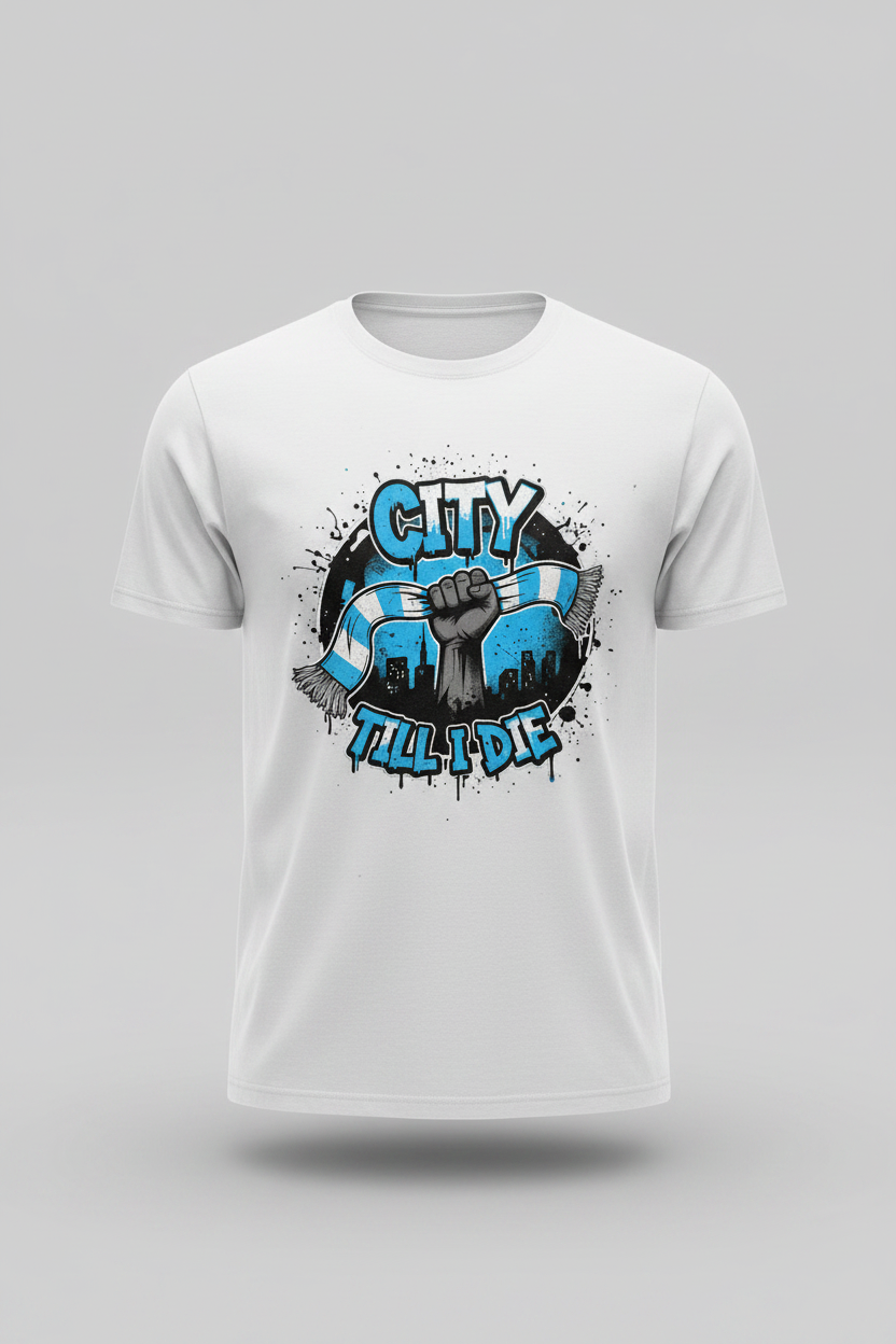 City Till I Die graffiti design – white t-shirt ghost mannequin studio