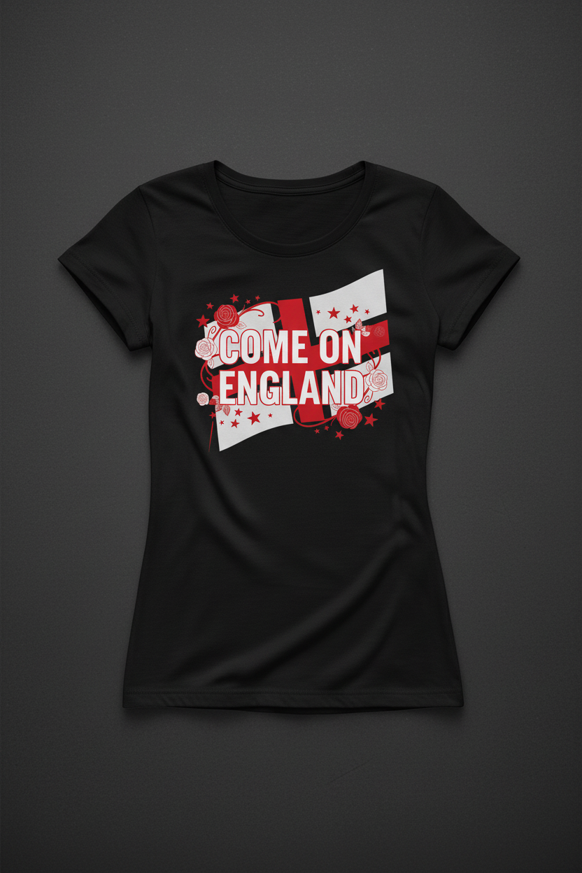 Women's Come On England black t-shirt flat lay