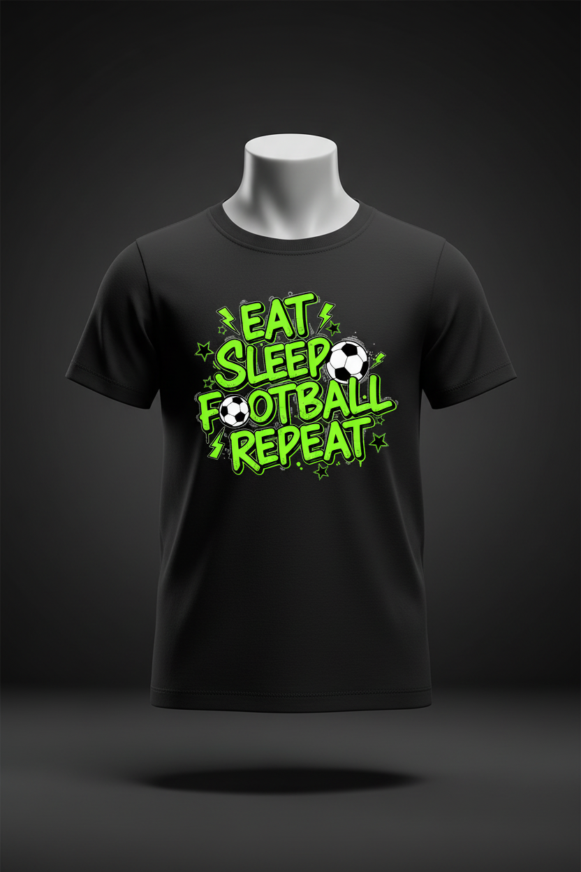 Eat Sleep Football Repeat neon street style kids black t-shirt ghost mannequin