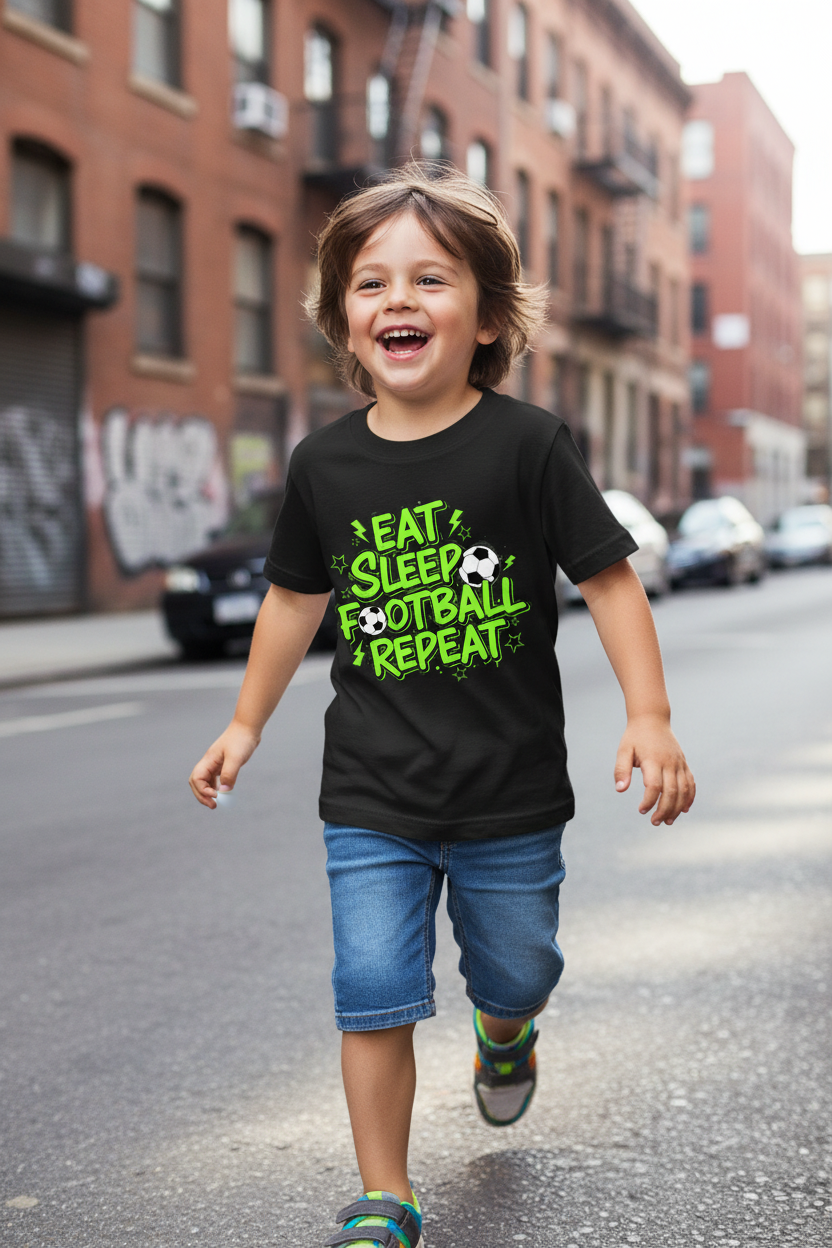 Child wearing Eat Sleep Football Repeat neon street style kids t-shirt
