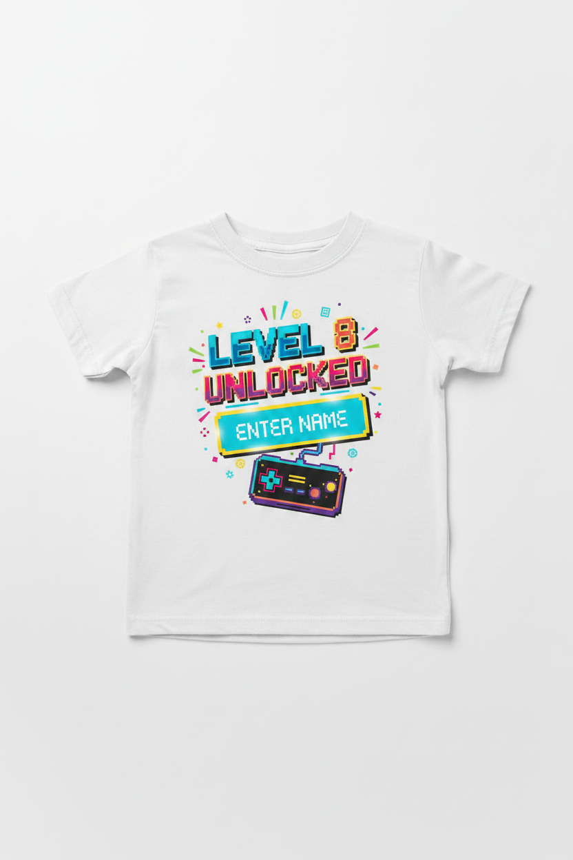Level 8 Unlocked personalised birthday t-shirt - white flat lay