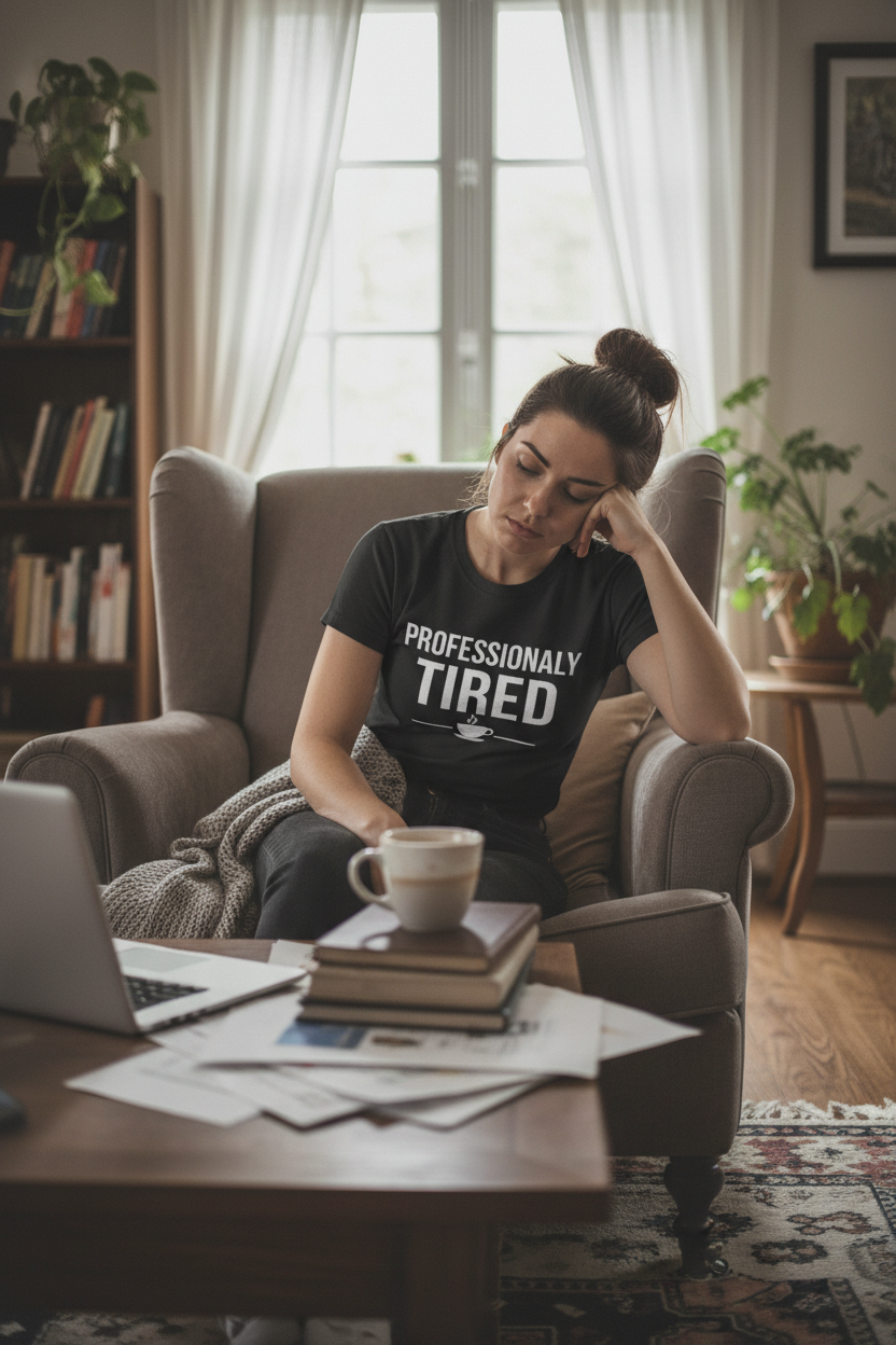 Professionally Tired funny slogan t-shirt lifestyle shot black