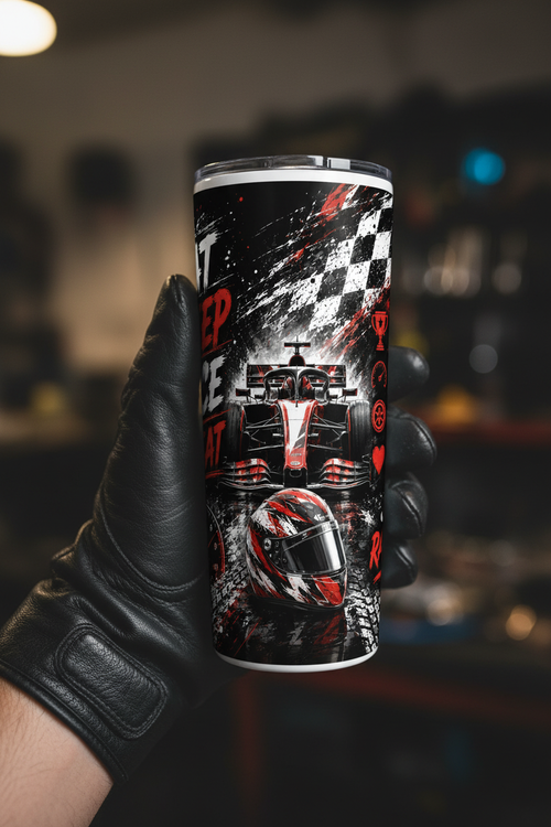 F1 racing white sublimation tumbler held in hand with racing glove