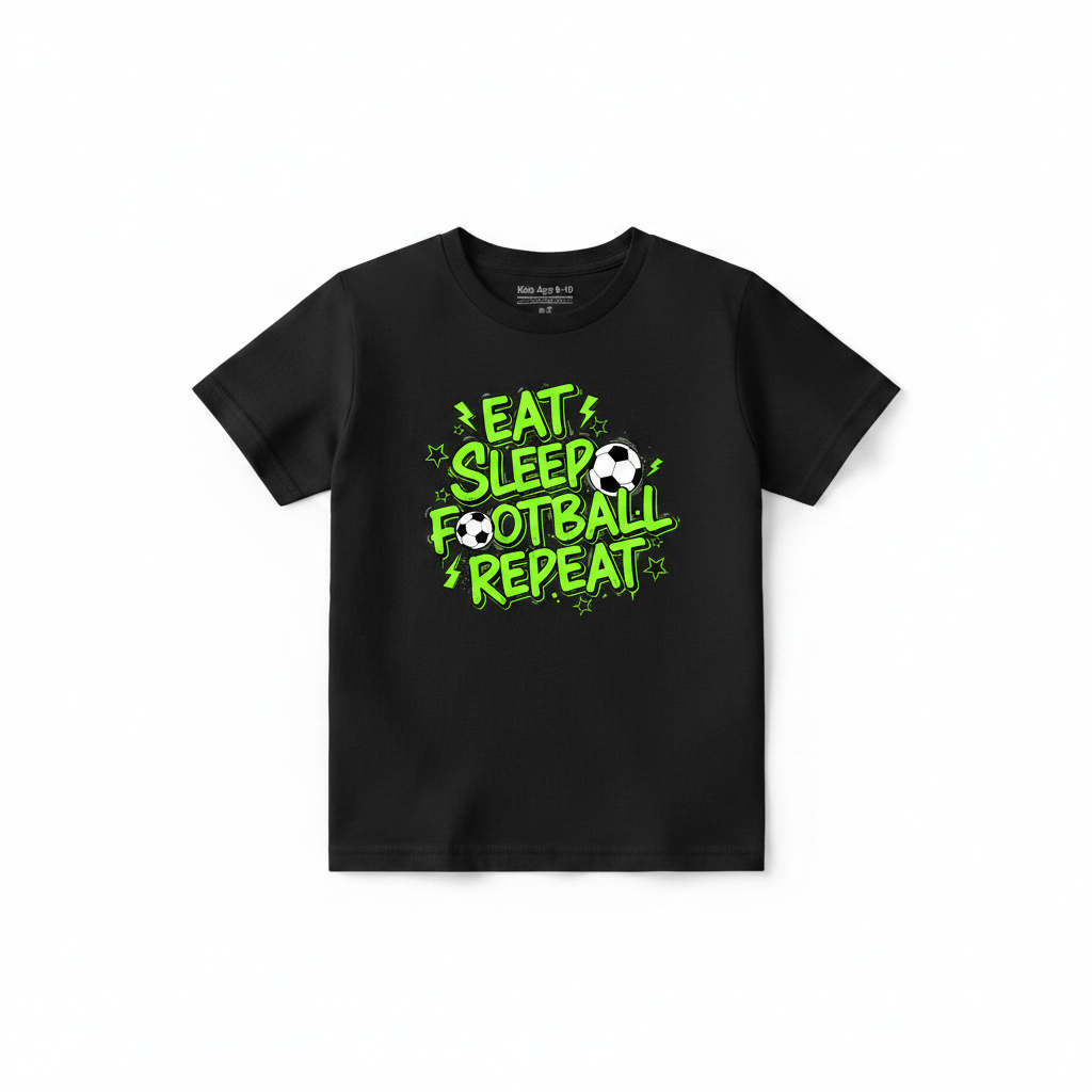 Eat Sleep Football Repeat neon street style kids black t-shirt flat lay