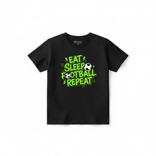 Eat Sleep Football Repeat neon street style kids black t-shirt flat lay