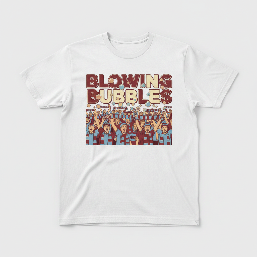 Blowing Bubbles terrace fans white t-shirt flat lay