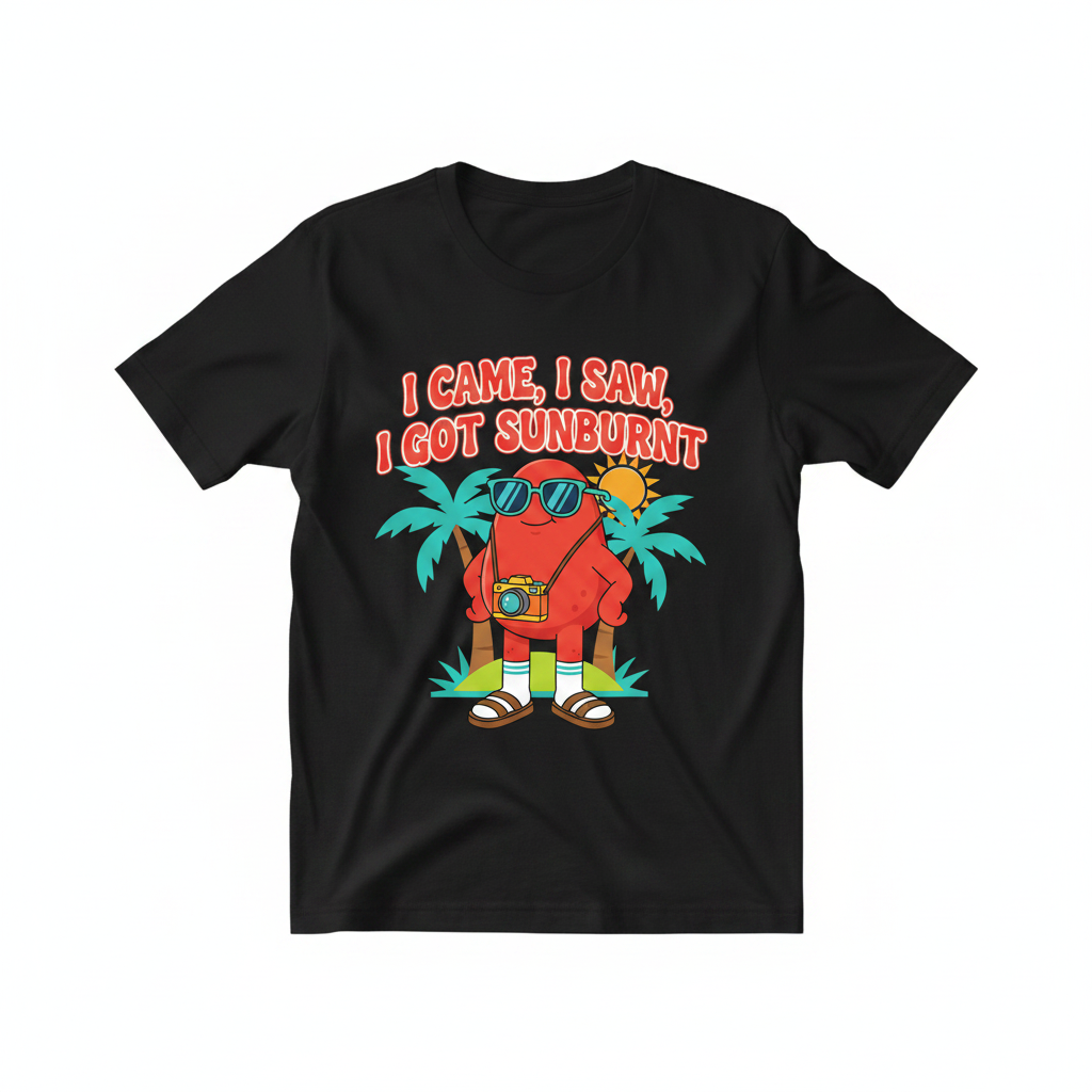 I Came I Saw I Got Sunburnt black t-shirt flat lay