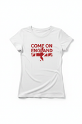 Women's Come On England minimalist white t-shirt flat lay