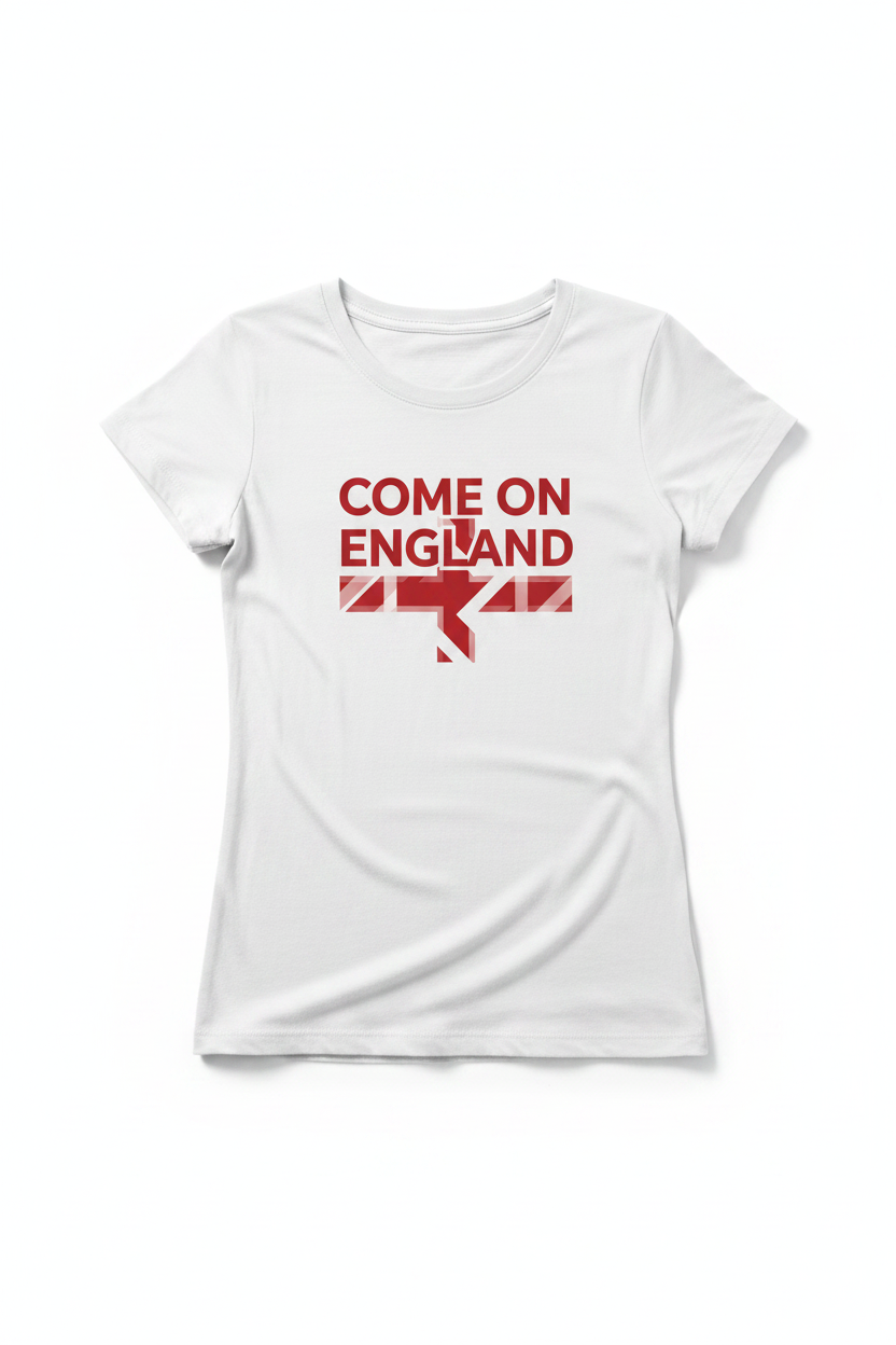 Women's Come On England minimalist white t-shirt flat lay