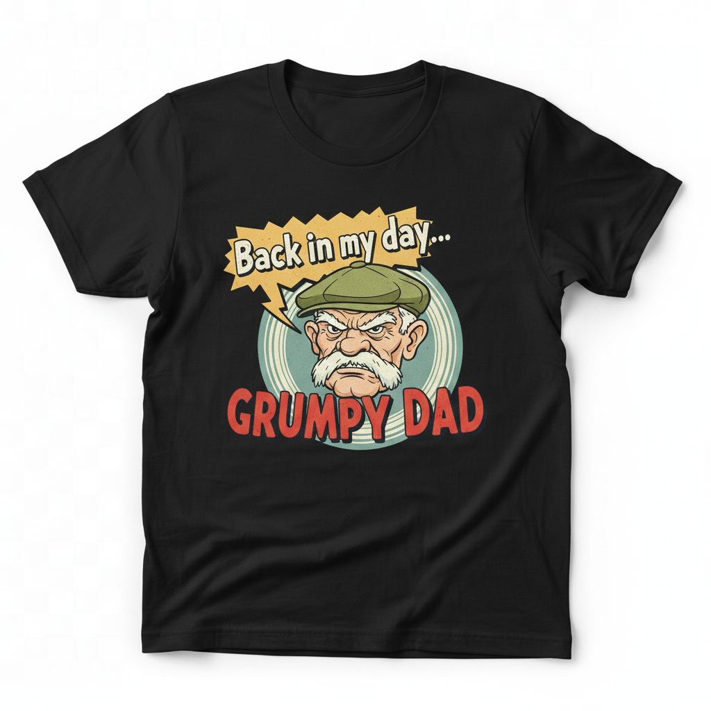 Grumpy Dad Back In My Day black t-shirt flat lay mockup