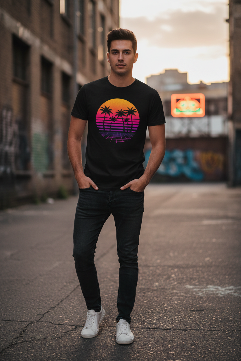 Retro Vaporwave Sunset Tee - Black Lifestyle