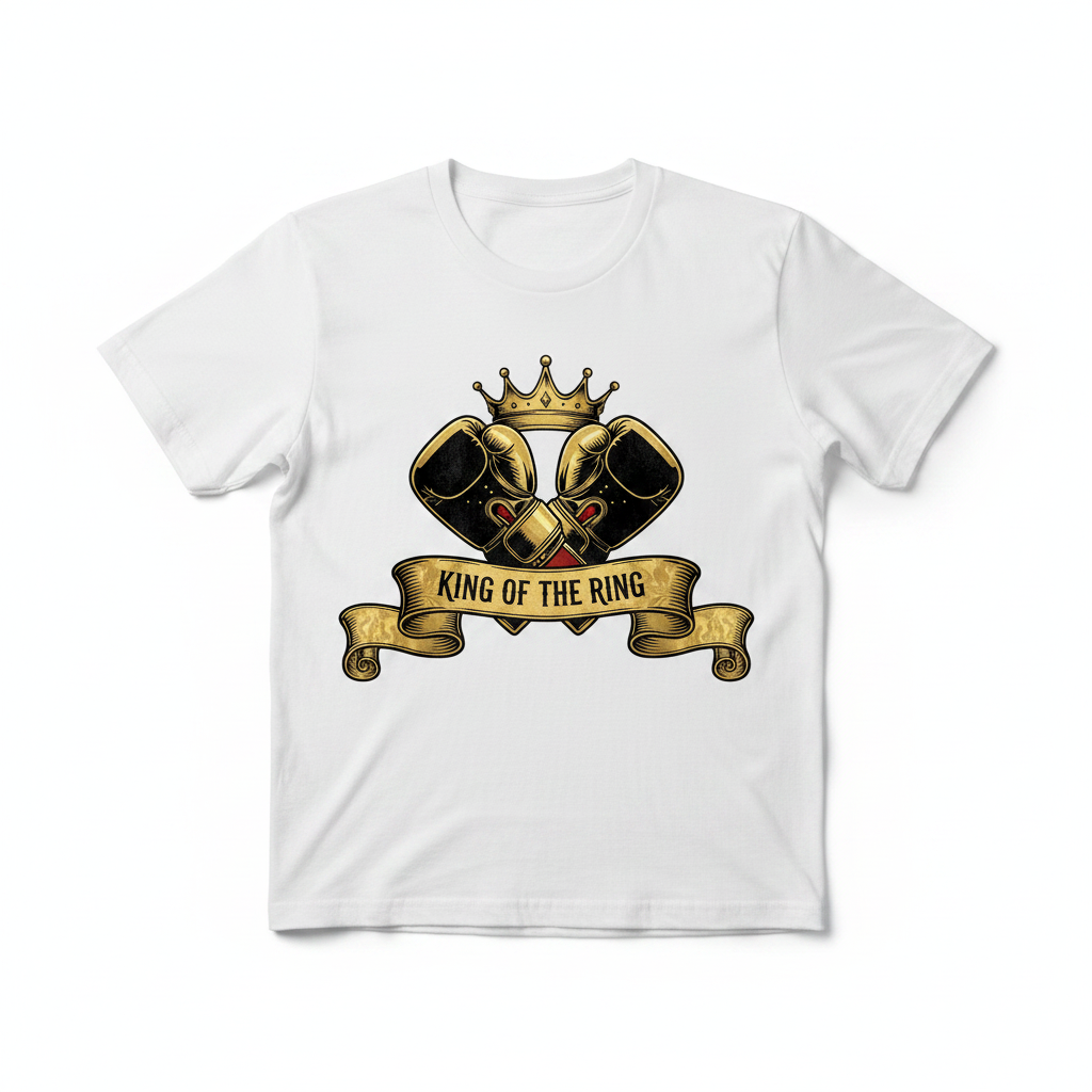King of the Ring boxing t-shirt in white, flat lay product photo