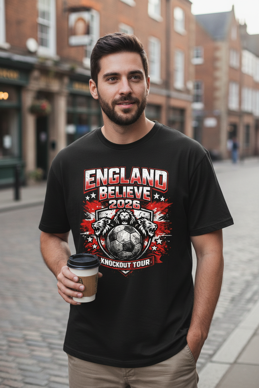 England Believe 2026 Knockout Tour – Black T-Shirt Lifestyle