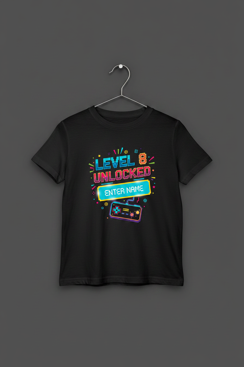 Level 8 Unlocked personalised birthday t-shirt - black hanger