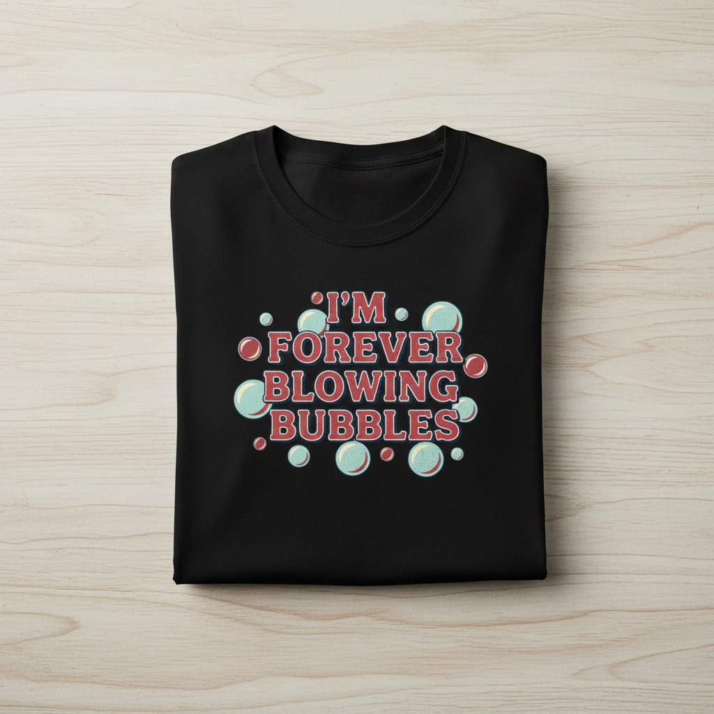 I'm Forever Blowing Bubbles black t-shirt overhead folded