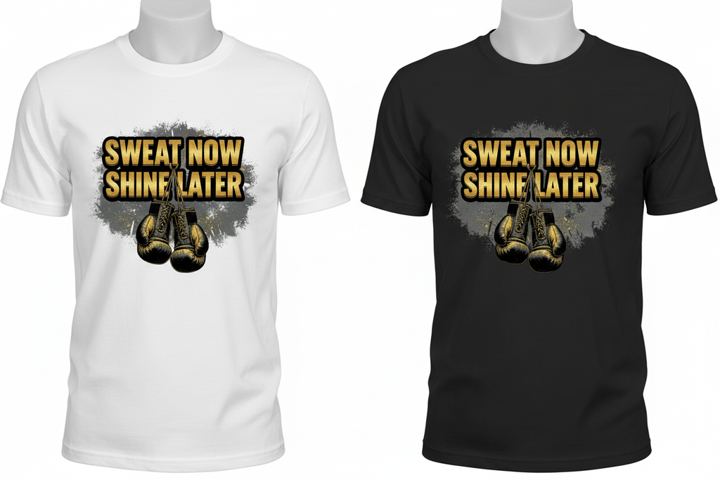 Sweat Now Shine Later boxing t-shirt shown in both black and white colourways