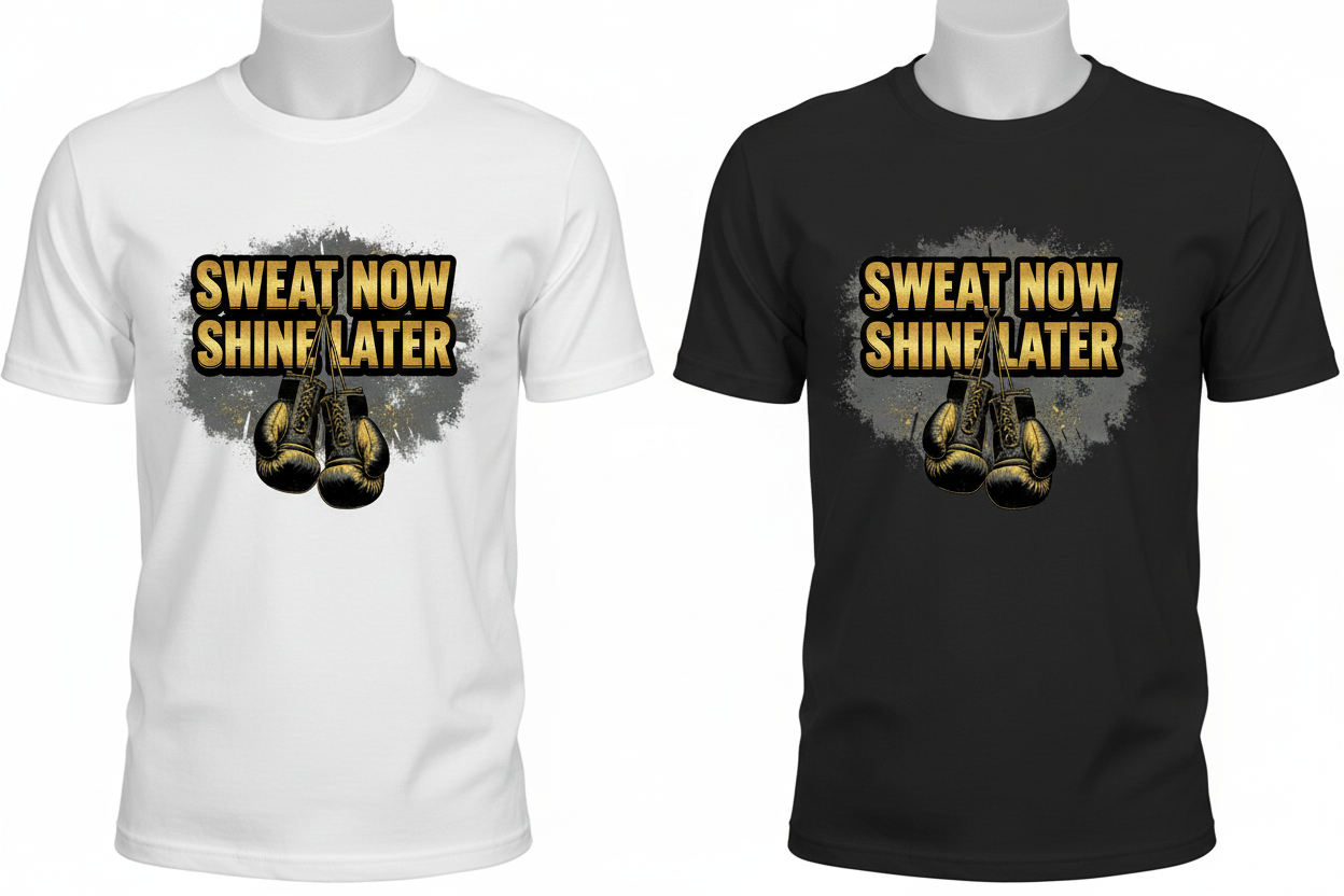 Sweat Now Shine Later boxing t-shirt shown in both black and white colourways