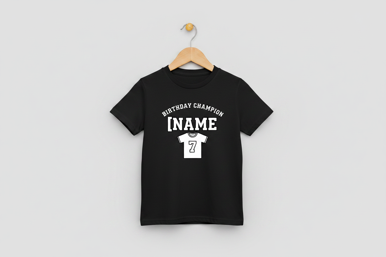 Personalised Football Birthday Champion T-Shirt - Black on Hanger