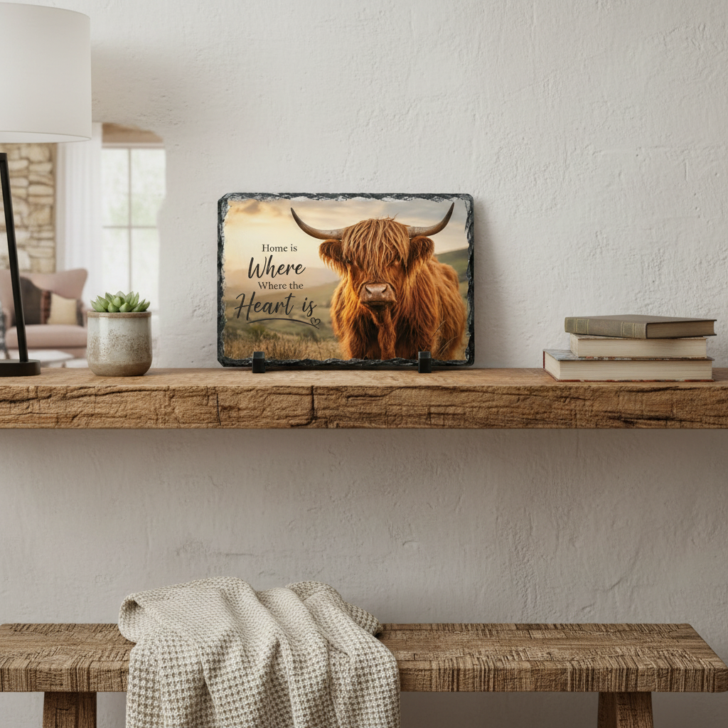 Highland Cow Slate on rustic farmhouse shelf