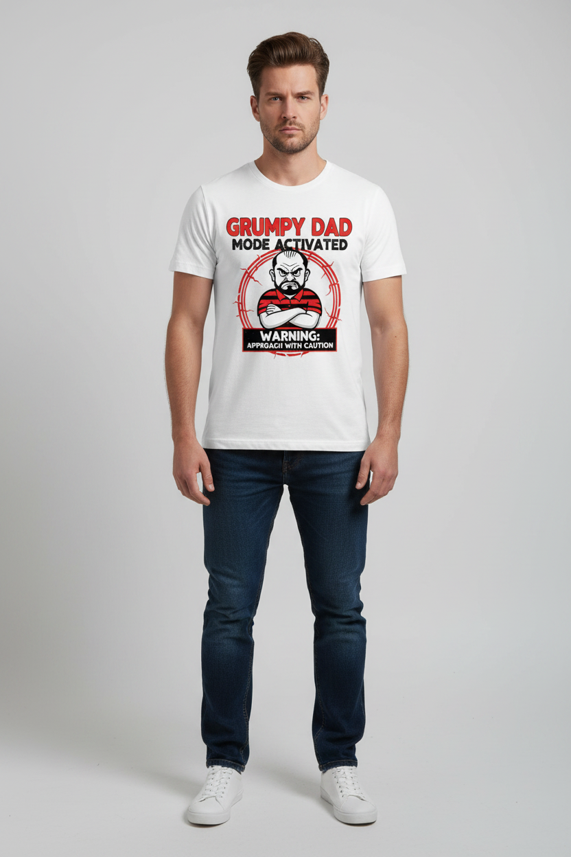 Male model wearing Grumpy Dad Mode Activated white t-shirt